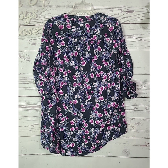 Roaman's Black Floral Print Button Front Roll Tab Sleeve Top Womans Size 18W - Picture 2 of 5